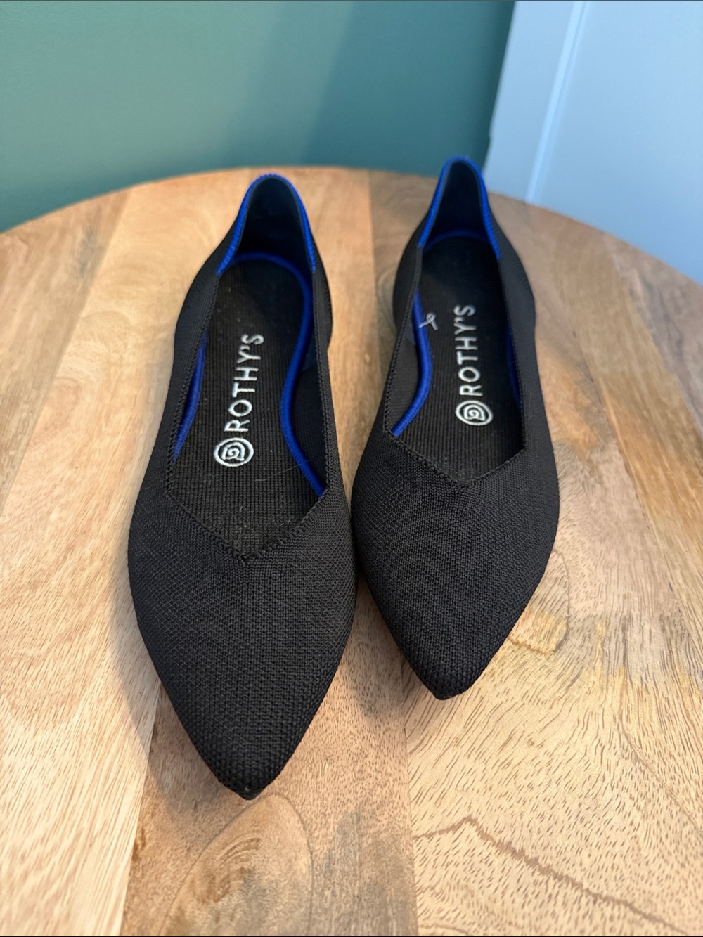 Rothy's Black Pointed-Toe Flats with Blue Trim